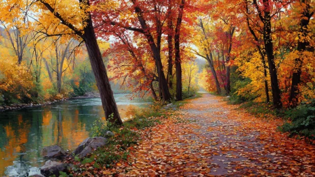 A calm riverside path adorned with vibrant fall trees and a carpet of freshly fallen leaves.