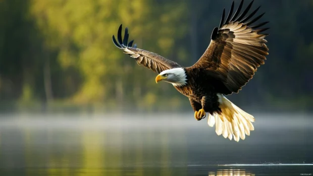 A calm scene styled as American eagle wallpaper for desktop where the eagle glides low above still water.