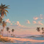 A calm sunset beach scene with scattered palm trees, soft sand and a warm peaceful atmosphere.
