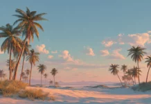 A calm sunset beach scene with scattered palm trees, soft sand and a warm peaceful atmosphere.