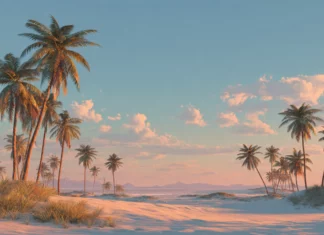 A calm sunset beach scene with scattered palm trees, soft sand and a warm peaceful atmosphere.