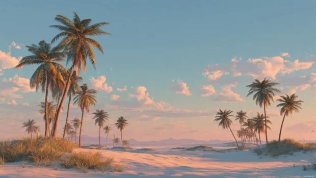 A calm sunset beach scene with scattered palm trees, soft sand and a warm peaceful atmosphere.