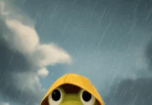 A cartoon Frog Phone Wallpaper with a frog wearing a yellow raincoat and jumping in puddles under a cloudy sky.