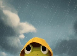 A cartoon Frog Phone Wallpaper with a frog wearing a yellow raincoat and jumping in puddles under a cloudy sky.