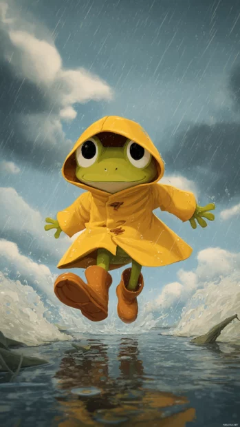 A cartoon Frog Phone Wallpaper with a frog wearing a yellow raincoat and jumping in puddles under a cloudy sky.