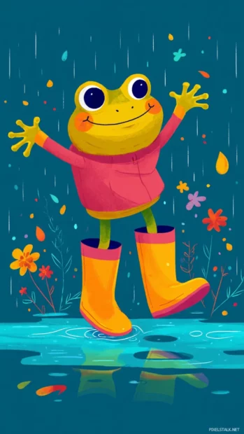 A cartoon Frog in rain boots dancing in puddles, playful flat illustration with fun color scheme.