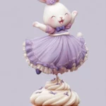 A cartoon bunny in a lavender dress flying on a cupcake shaped balloon.
