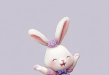 A cartoon bunny in a lavender dress flying on a cupcake shaped balloon.