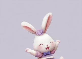 A cartoon bunny in a lavender dress flying on a cupcake shaped balloon.