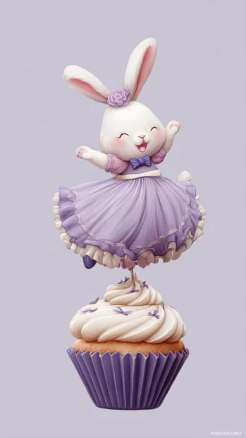 A cartoon bunny in a lavender dress flying on a cupcake shaped balloon.