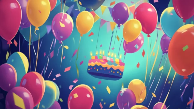 A cartoon style birthday wallpaper filled with animated balloons and playful party vibes.