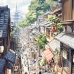 A charming Japan market street bustling with life as visitors explore local shops and tiny cafes.