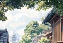 A charming Japan market street bustling with life as visitors explore local shops and tiny cafes.