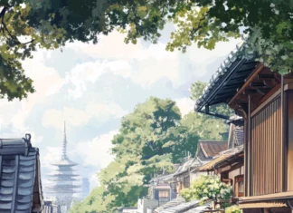 A charming Japan market street bustling with life as visitors explore local shops and tiny cafes.