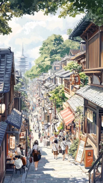 A charming Japan market street bustling with life as visitors explore local shops and tiny cafes.