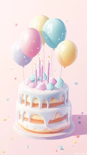 A charming aesthetic birthday wallpaper featuring pastel colored balloons and a layered cake.