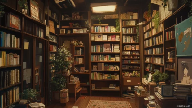 A charming anime bookstore in Kyoto filled with small magical creatures hiding between the books.