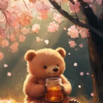 A charming bear holding a honey jar sitting beneath a blooming cherry tree.
