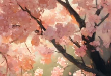 A charming bear holding a honey jar sitting beneath a blooming cherry tree.