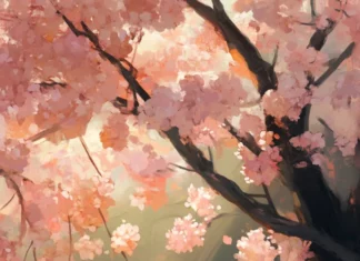 A charming bear holding a honey jar sitting beneath a blooming cherry tree.