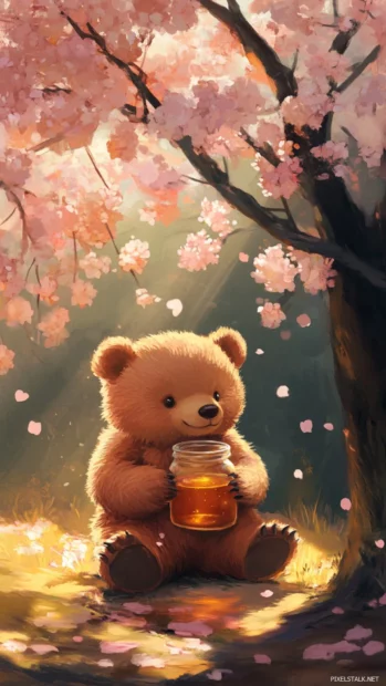 A charming bear holding a honey jar sitting beneath a blooming cherry tree.
