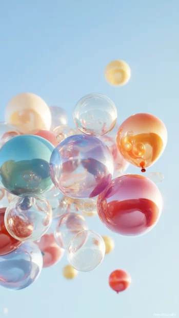 A charming birthday iPhone wallpaper featuring a group of balloons in various shapes and colors against a clear sky.