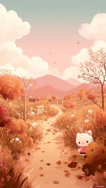 A charming countryside fall path where Hello Kitty happily collects acorns and leaves.