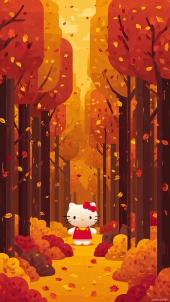 A charming fall forest where Hello Kitty collects bright red and yellow leaves.