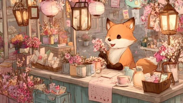 A charming market scene where a Cute Fox sells tiny flowers, pastel stalls and lanterns, joyful expression, soft tones.