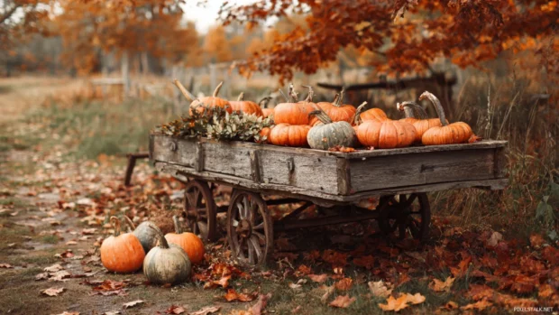 A charming rustic wooden cart filled with pumpkins, framed by warm fall colors and fallen leaves.