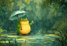 A cheerful Cute Frog holding a tiny umbrella in the rain, vibrant green forest and gentle ripples in the pond.