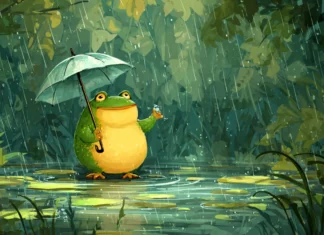A cheerful Cute Frog holding a tiny umbrella in the rain, vibrant green forest and gentle ripples in the pond.