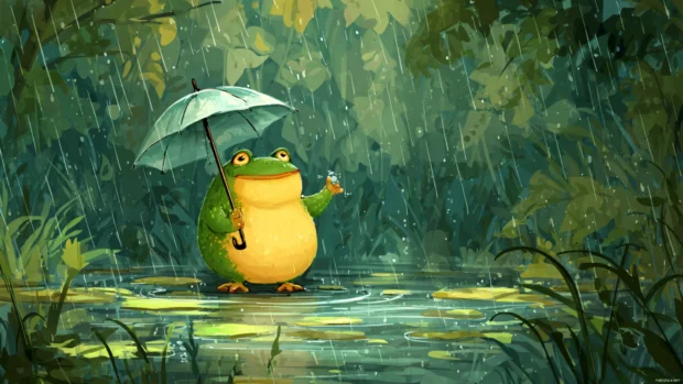 A cheerful Cute Frog holding a tiny umbrella in the rain, vibrant green forest and gentle ripples in the pond.