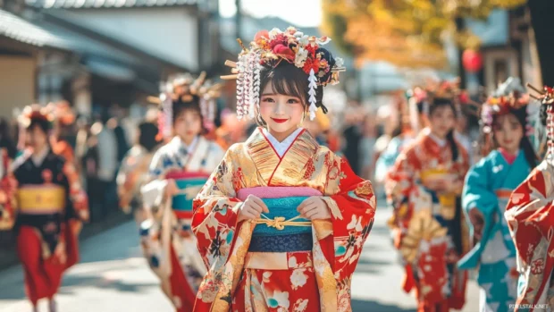 A cheerful anime festival parade with cute characters dressed in colorful Japanese outfits.