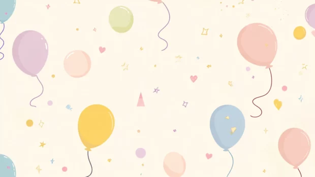 A cheerful wallpaper with pastel colored birthday balloons and subtle decorative elements.