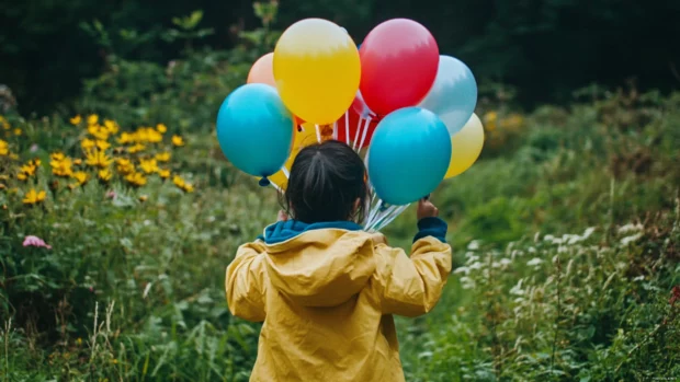 A child holding a bunch of birthday balloons in a green meadow.