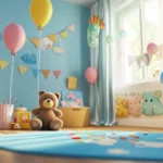 A child room bursts with playful birthday icons like bears, balloons, and streamers.