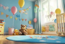 A child room bursts with playful birthday icons like bears, balloons, and streamers.