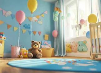 A child room bursts with playful birthday icons like bears, balloons, and streamers.