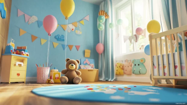 A child room bursts with playful birthday icons like bears, balloons, and streamers.