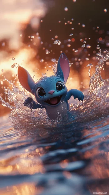 A cinematic 3D Stitch running through water with realistic splashes and reflections.