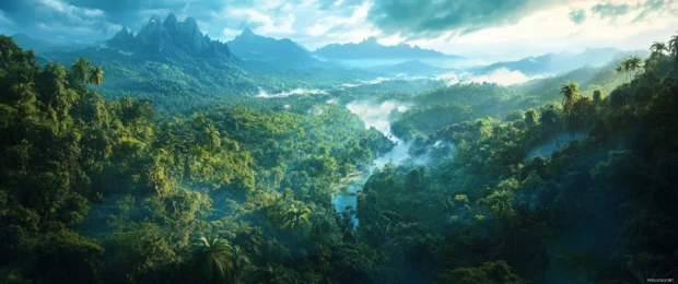 A cinematic aerial view of a dense rainforest captured in stunning 3440x1440 ultra wide clarity.