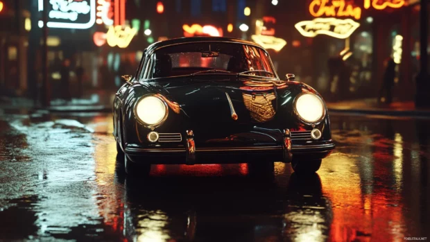 A cinematic scene of a vintage Porsche gliding along wet streets reflecting neon city signs.