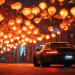 A cinematic shot of Porsche 911 gt3 rs surrounded by glowing lanterns at a night festival.