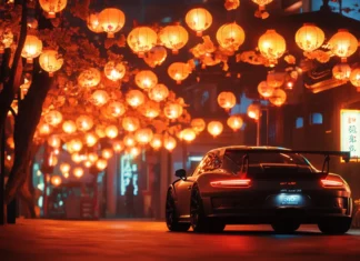A cinematic shot of Porsche 911 gt3 rs surrounded by glowing lanterns at a night festival.