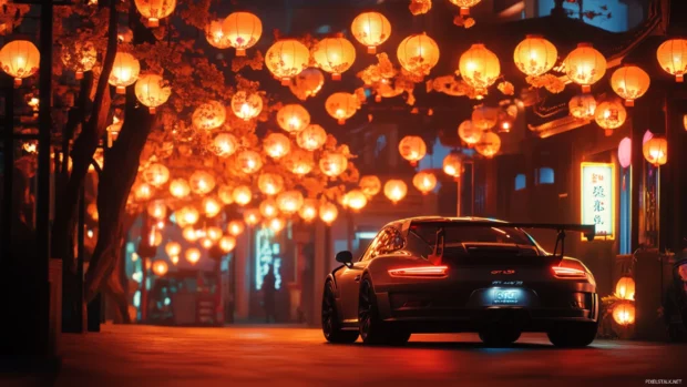 A cinematic shot of Porsche 911 gt3 rs surrounded by glowing lanterns at a night festival.
