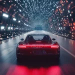 A cinematic view of Porsche driving through a tunnel filled with futuristic lights.