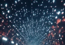A cinematic view of Porsche driving through a tunnel filled with futuristic lights.
