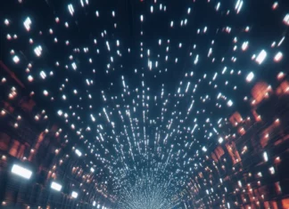 A cinematic view of Porsche driving through a tunnel filled with futuristic lights.
