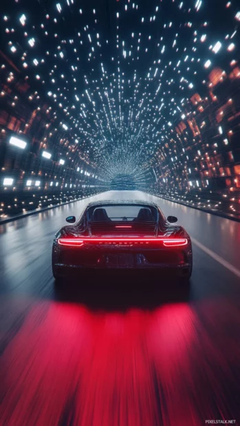 A cinematic view of Porsche driving through a tunnel filled with futuristic lights.